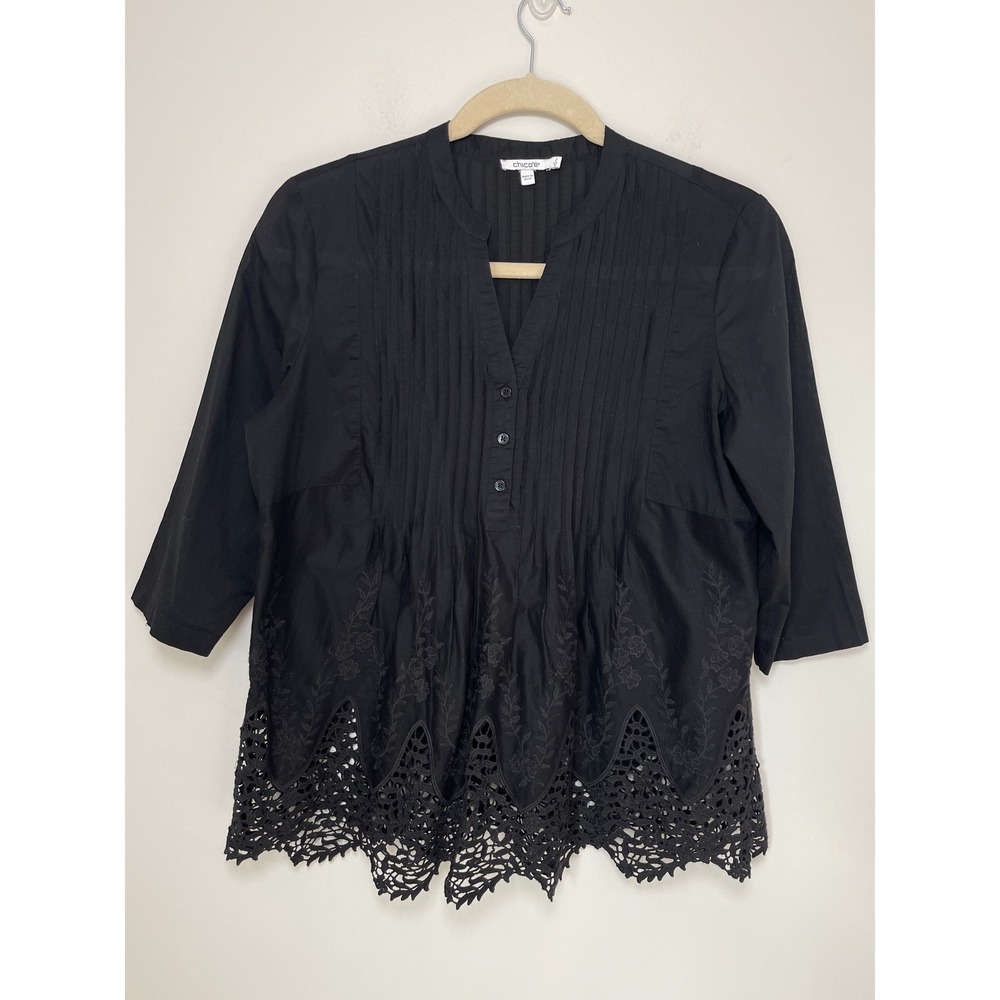 Chicos Black Pintuck Pleated Embroidered Eyelet Lace Hem Tunic Top Size 2 L 12